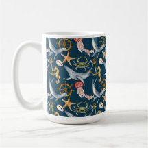 Seahorse, Ships Wheel, whales, Crab, Starfish Blue