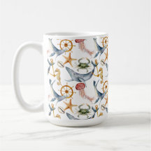 Seahorse, Ships Wheel, whales, Crab, Starfish