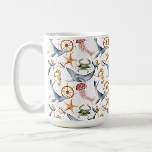 Seahorse, Ships Wheel, whales, Crab, Starfish Coffee Mug