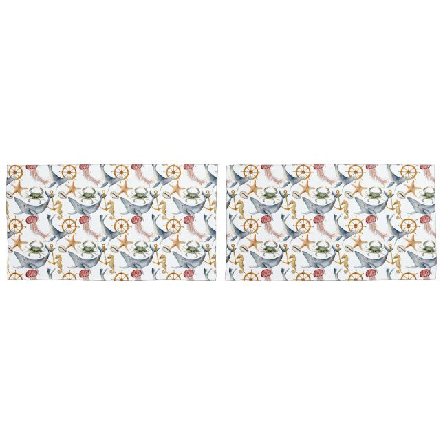 Seahorse, Ships Wheel, whales, Crab, Starfish  Pillowcase (Front-Set)