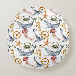 Seahorse, Ships Wheel, whales, Crab, Starfish  Round Pillow