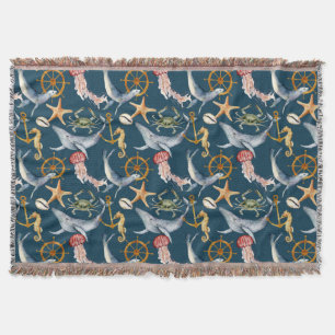Seahorse, Ships Wheel, whales, Crab, Starfish  Throw Blanket