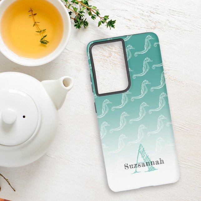 Seahorse Skeleton Pattern Sea Green Monogram Name Samsung Galaxy S21 Ultra Case (Personalize this seahorse pattern design with a monogram letter and name or remove all text. )