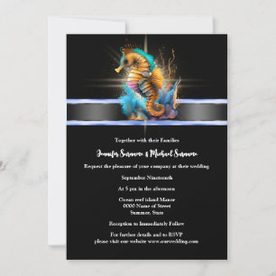 Seahorse sparkle nautical orange blue black ocean invitation