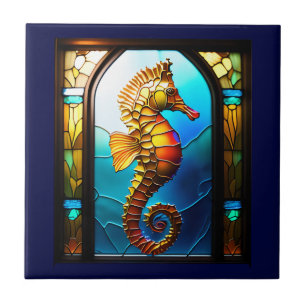 Seahorse stained glass window 3D beach aquatic Tile