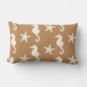Seahorse & starfish - cocoa brown and beige lumbar pillow