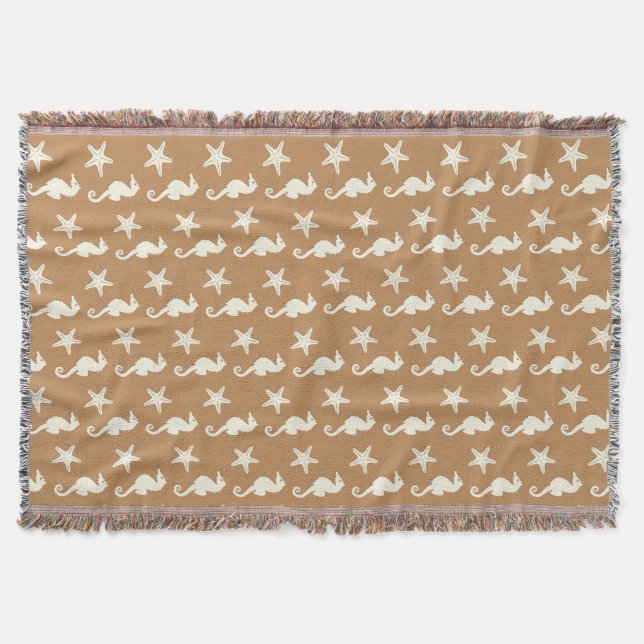 Seahorse & starfish - cocoa brown and beige throw blanket (Front)