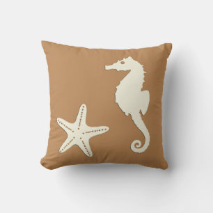 Seahorse & starfish - cocoa brown and beige throw pillow