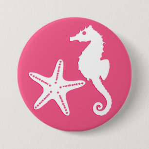 Seahorse & starfish - Coral Pink and White 3 Inch Round Button