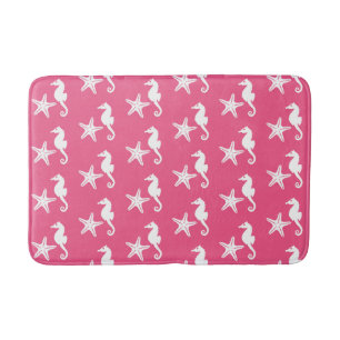 Seahorse & starfish - Coral Pink and White Bath Mat