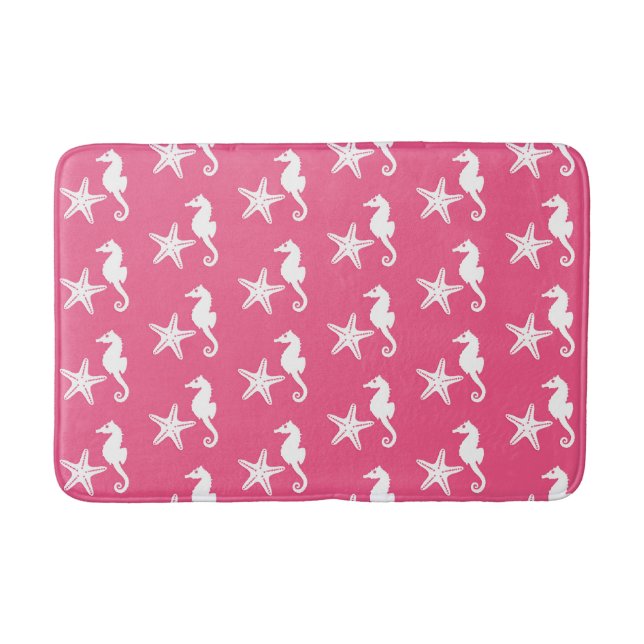Seahorse & starfish - Coral Pink and White Bath Mat (Front)