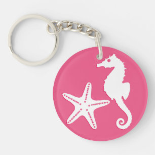 Seahorse & starfish - Coral Pink and White Keychain