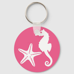Seahorse & starfish - Coral Pink and White Keychain