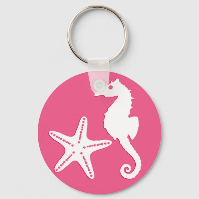 Seahorse & starfish - Coral Pink and White Keychain (Front)