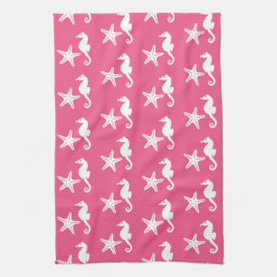 Seahorse & starfish - Coral Pink and White Kitchen Towel