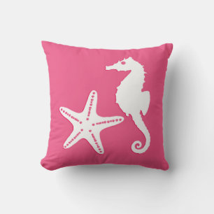 Seahorse & starfish - Coral Pink and White Throw Pillow