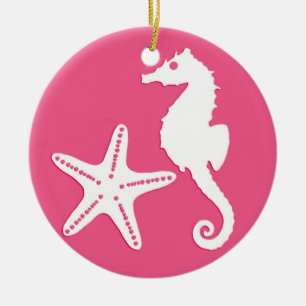 Seahorse & starfish - coral pink ceramic ornament
