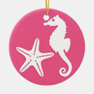 Seahorse & starfish - coral pink ceramic ornament
