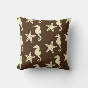 Seahorse & starfish - dark brown and beige throw pillow