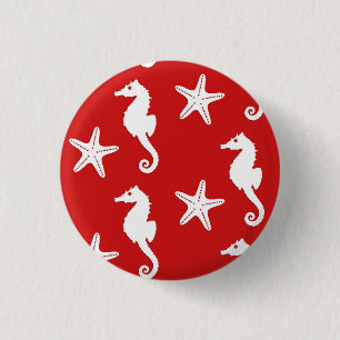 Seahorse & starfish - dark coral red and white 1 inch round button