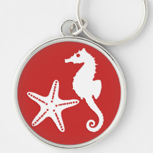 Seahorse & starfish - dark coral red and white keychain