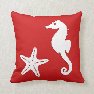 Seahorse & starfish - dark coral red and white throw pillow