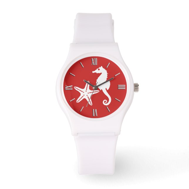 Seahorse & starfish - dark coral red and white watch
