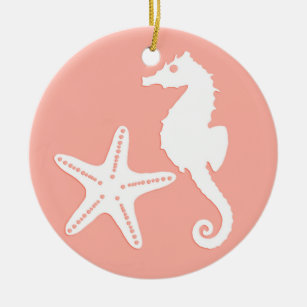 Seahorse & starfish - Light Coral Pink Ceramic Ornament
