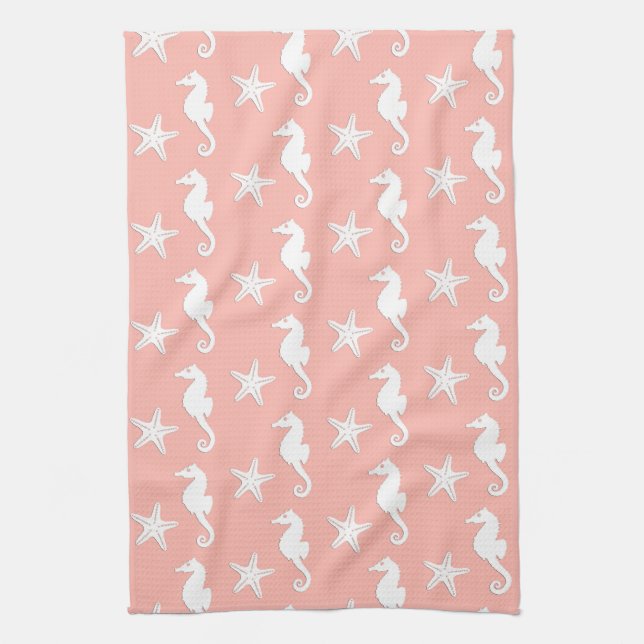 Seahorse & starfish - Light Coral Pink Kitchen Towel (Vertical)
