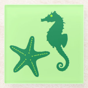 Seahorse & starfish - lime and emerald green glass coaster