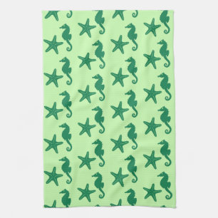Seahorse & starfish - lime and emerald green kitchen towel