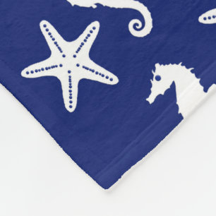 Seahorse & starfish - navy blue and white fleece blanket
