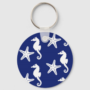 Seahorse & starfish - navy blue and white keychain
