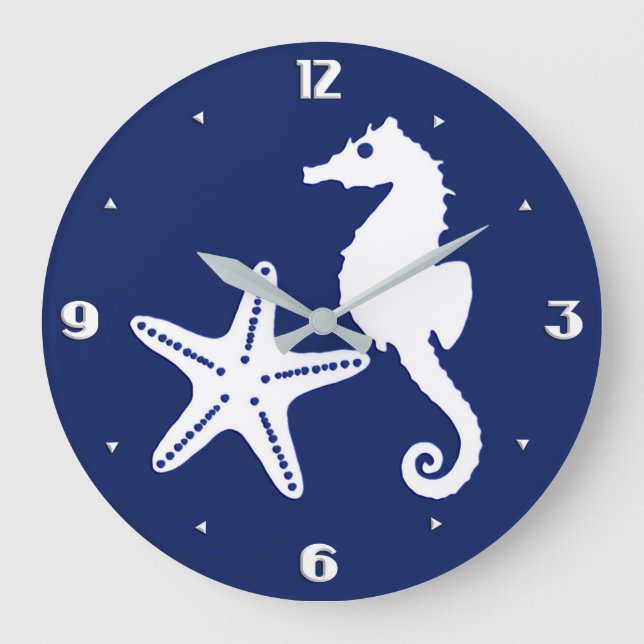 Seahorse & starfish - navy blue and white large clock (Front)