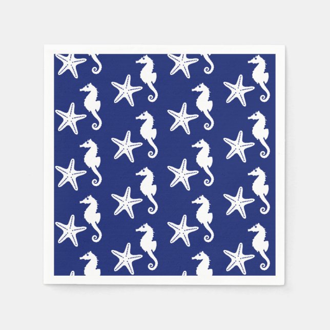 Seahorse & starfish - navy blue and white napkin (Front)