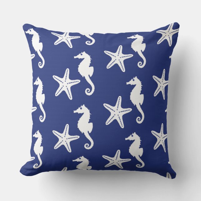 Seahorse & starfish - navy blue and white outdoor pillow (Front)