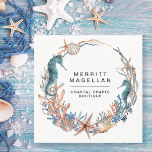 Seahorse Starfish Seashells Coastal Wreath Square  Business Card