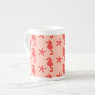 Seahorse & starfish - shades of coral orange bone china mug