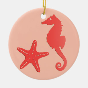 Seahorse & starfish - shades of coral orange ceramic ornament