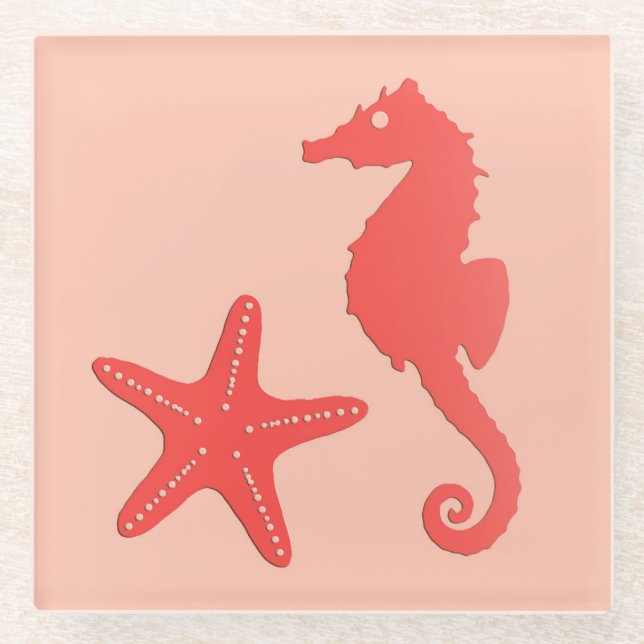Seahorse & starfish - shades of coral orange glass coaster (Front)
