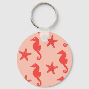 Seahorse & starfish - shades of coral orange keychain