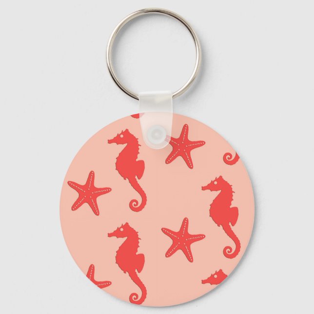 Seahorse & starfish - shades of coral orange keychain (Front)