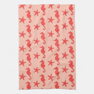 Seahorse & starfish - shades of coral orange kitchen towel
