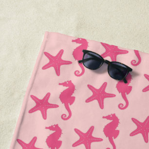 Seahorse & starfish, shades of coral pink beach towel