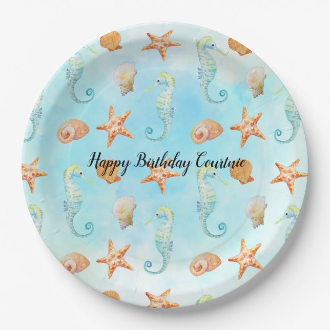 Seahorse Starfish Shells Peach Aqua Ocean Paper Plate (Front)