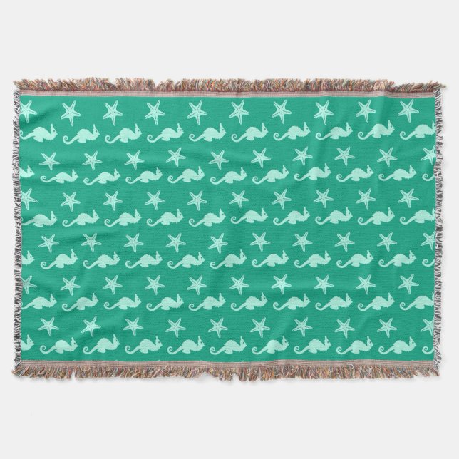 Seahorse & starfish - teal and seafoam green throw blanket (Front)