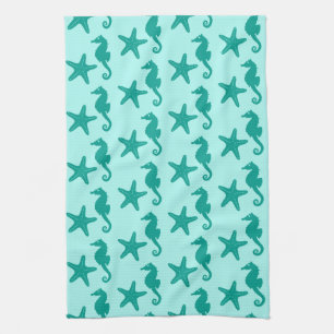 Seahorse & starfish - turquoise and aqua kitchen towel
