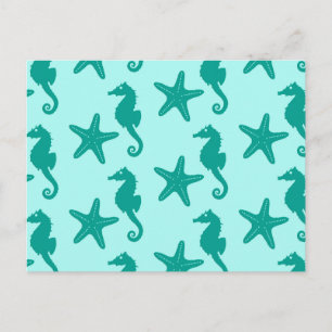 Seahorse & starfish - turquoise and aqua postcard