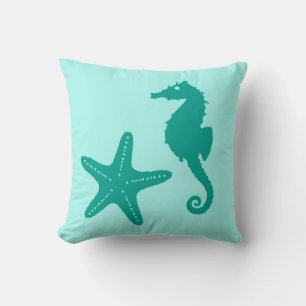 Seahorse & starfish - turquoise and aqua throw pillow