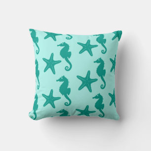 Seahorse & starfish - turquoise and aqua throw pillow